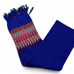 Beautiful Vintage 90s Fringed Blue & Red Accent Scarf with Colorful Pattern